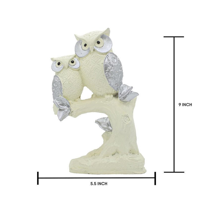White and Silver Polyresin Owl Set of 2 Showpiece for Table Decor