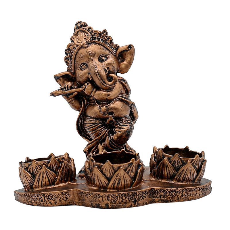 Antique Copper Ganesha Flute Tea Light Holder