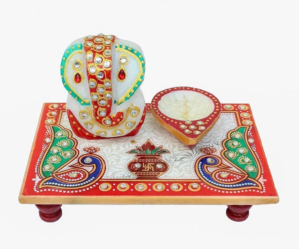 Marble Ganesha Chowki with Diya Puja Set
