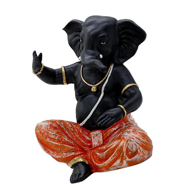Black Lord Ganesha Idol with Orange Dhoti