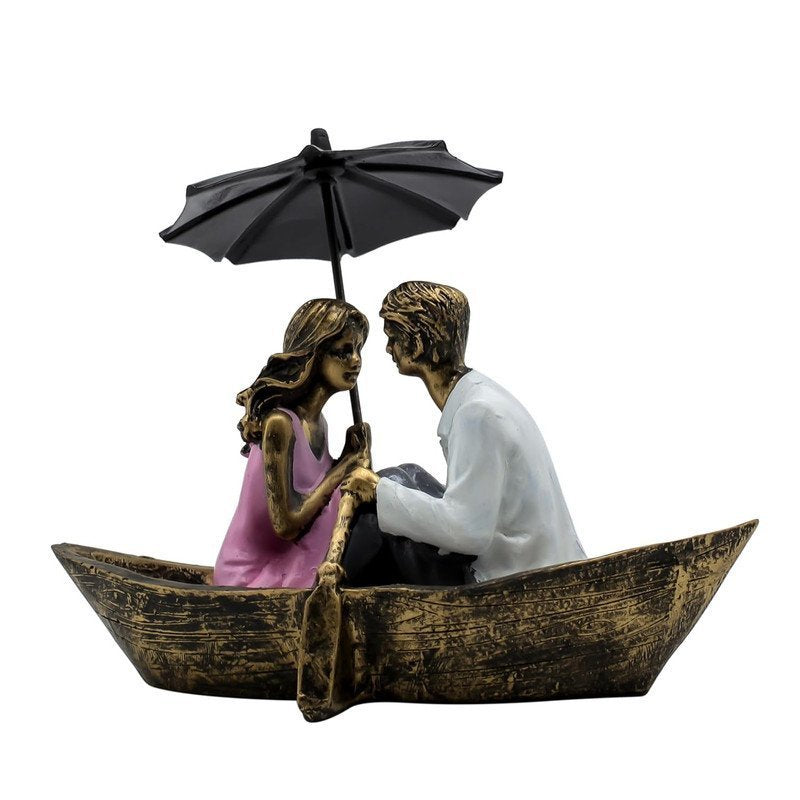 Hand-Painted Romantic Couple in Boat Statue