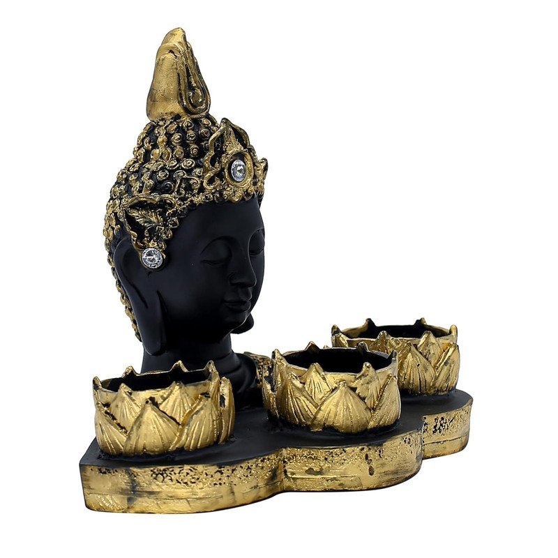 Resin Buddha Head Tealight Candle Holder with 3 Lotus Votive Stands