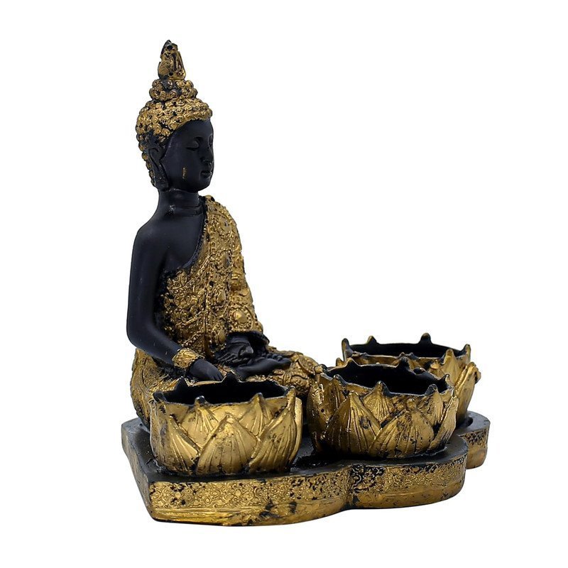 Resin Buddha Head Candle Holder with 3 Lotus Tealight Stands