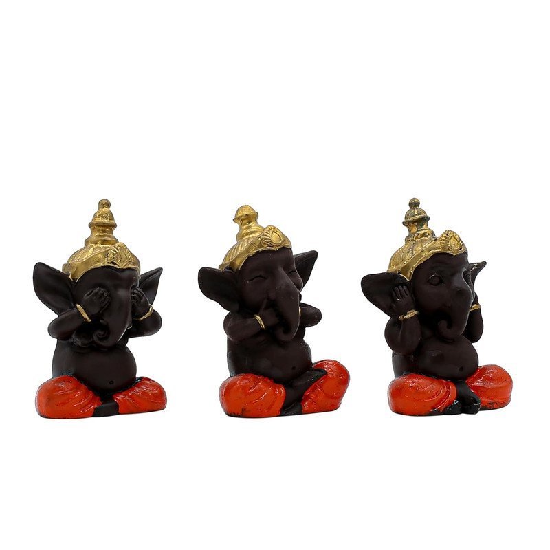 Set of 3 Polyresin Wise Ganesha Figurines with Gold Crown