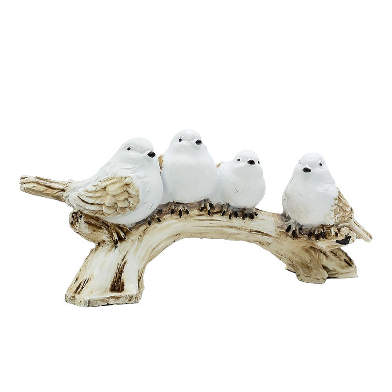 White Resin Love Birds on Tree Branch - Set of 4 Bird Statues for Tabletop & Shelf Decor