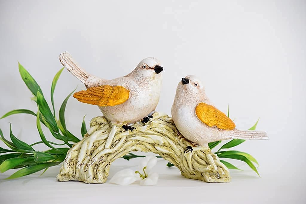 Adorable Bird Figurines on Branch - White and Gold Decorative Statue for Home and Garden