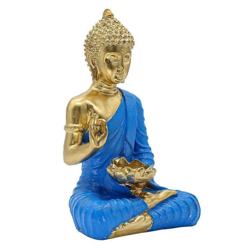 Buddha with Lotus Flower Statue, Blue Robe Gold Finish, 24.1 x 16.5 cm