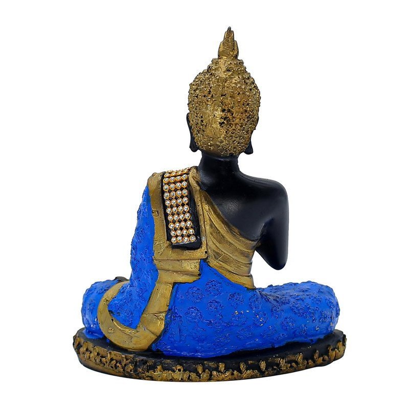 Thai Buddha Statue with Crystal Accents, Black and Blue, 7.5 x 6 inch