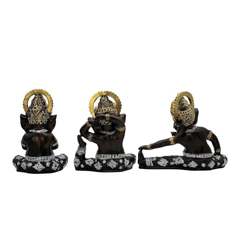 Black Ganesha Idol Set of 3 with Gold & Silver Detailing