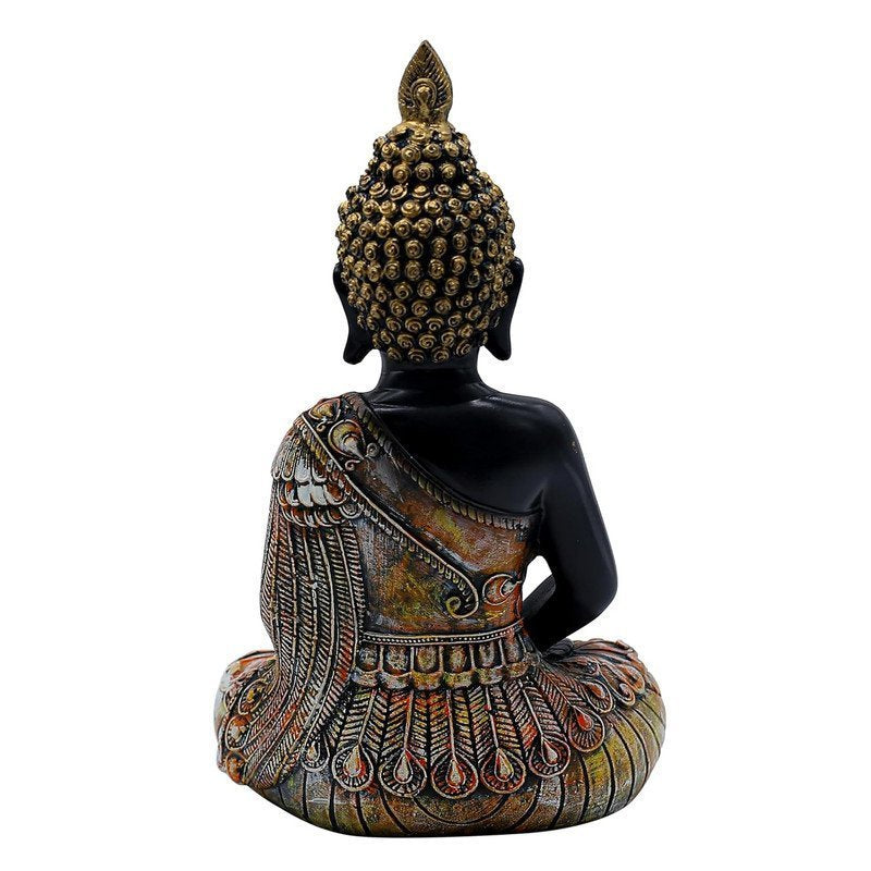 Meditating Sitting Buddha Statue Idol with Gold Crown and Carved Robe, 28 cm x 15 cm