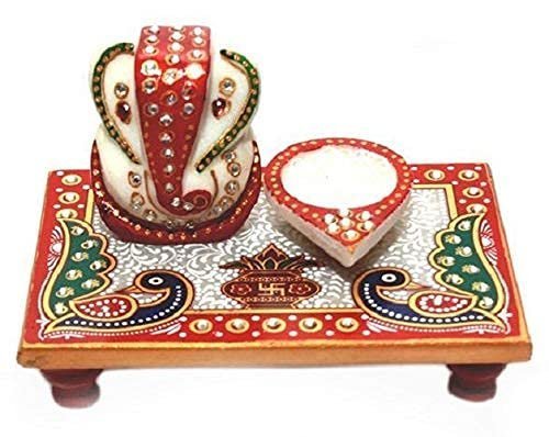 Marble Ganesha Chowki with Diya Puja Set