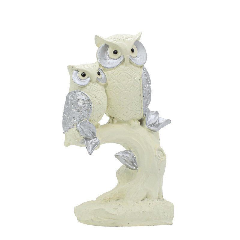 White and Silver Polyresin Owl Set of 2 Showpiece for Table Decor