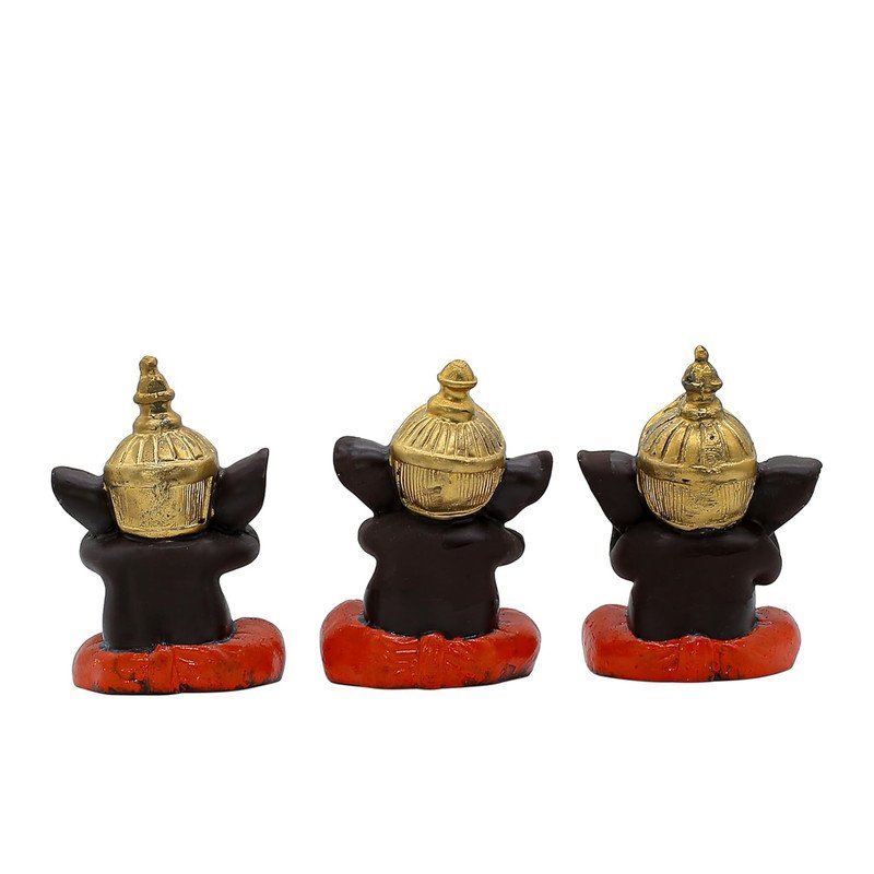 Set of 3 Polyresin Wise Ganesha Figurines with Gold Crown