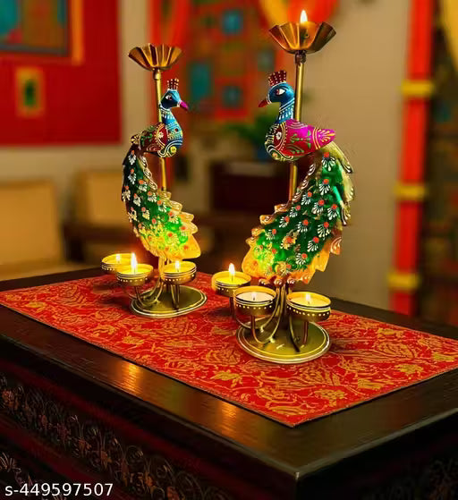 Elegant Rajasthani Peacock Tea Light Holder Stand (Set of 2)