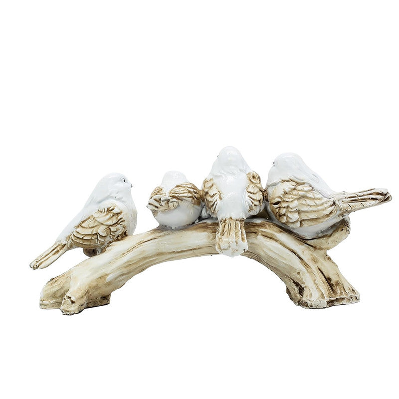 White Resin Love Birds on Tree Branch - Set of 4 Bird Statues for Tabletop & Shelf Decor
