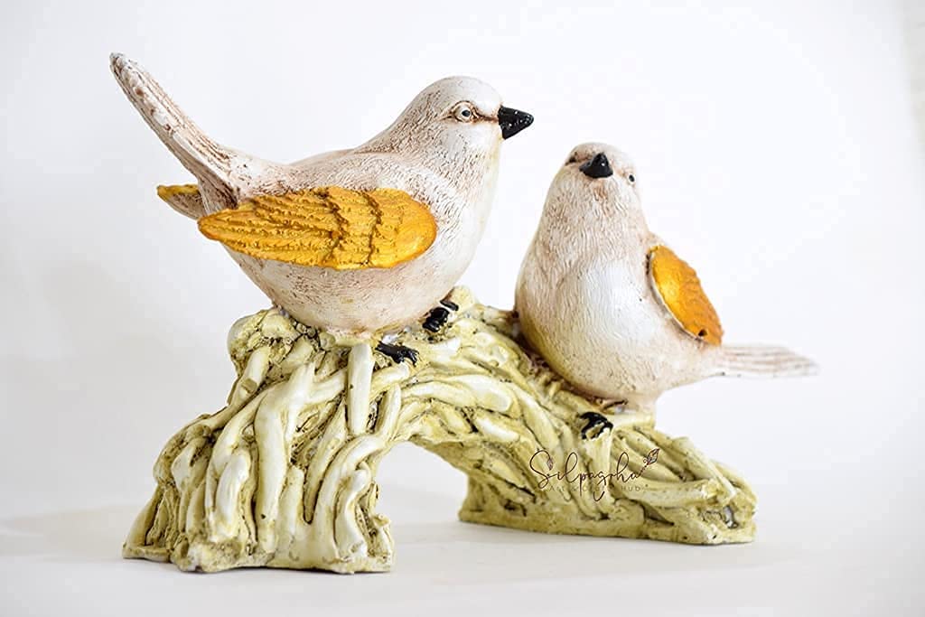Adorable Bird Figurines on Branch - White and Gold Decorative Statue for Home and Garden