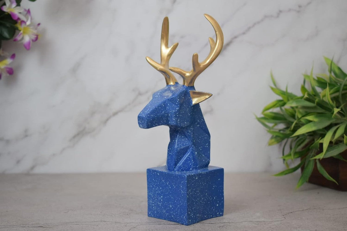 Blue Deer Head Sculpture with Gold Antlers - Modern Home Decor - Unique Gift Idea