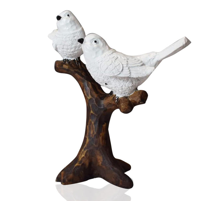 White Resin Birds Perched on Branch Sculpture - Nature Lover Gift, Shelf Decor