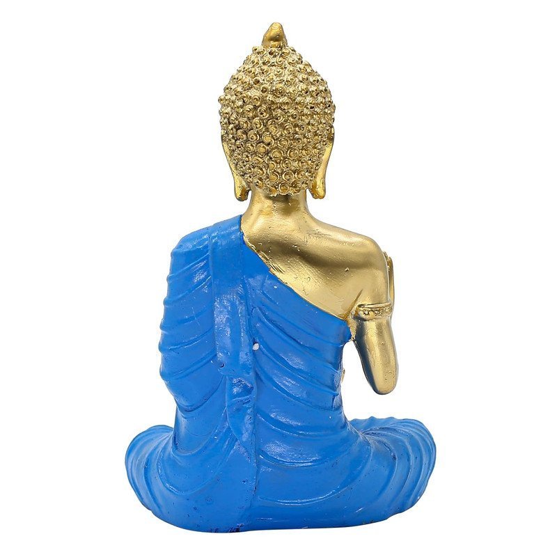 Buddha with Lotus Flower Statue, Blue Robe Gold Finish, 24.1 x 16.5 cm