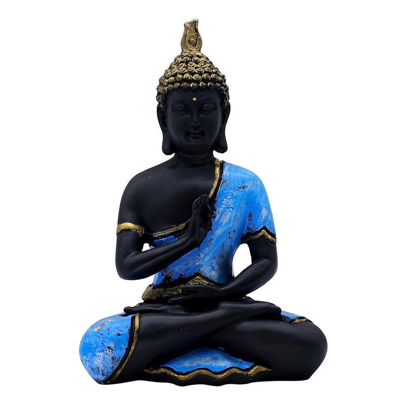 Decorative Buddha Statue, Black and Blue with Gold Accents, 25.4 cm x 17.8 cm