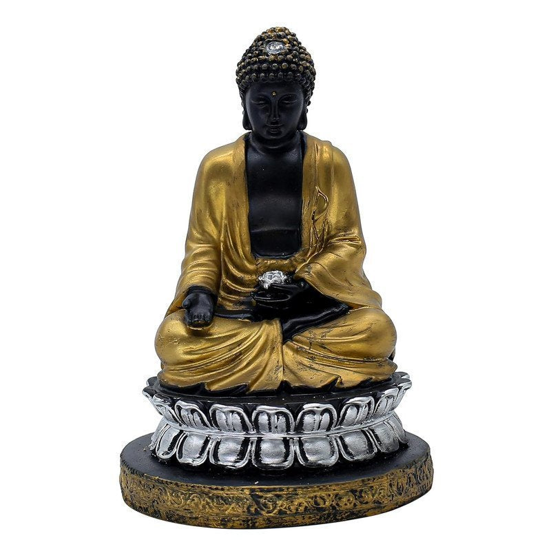 Black and Gold Samadhi Buddha Statue with Silver Lotus Base, 21.6 x 15.2 cm