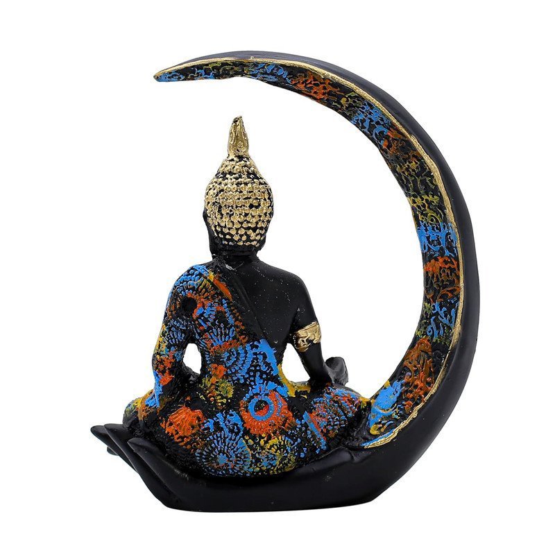 Buddha Statue on Crescent Moon, Black with Colourful Mosaic Pattern, 20 x 15 cm