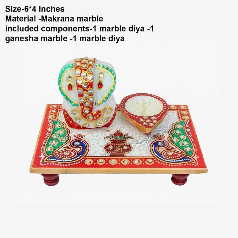 Marble Ganesha Chowki with Diya Puja Set