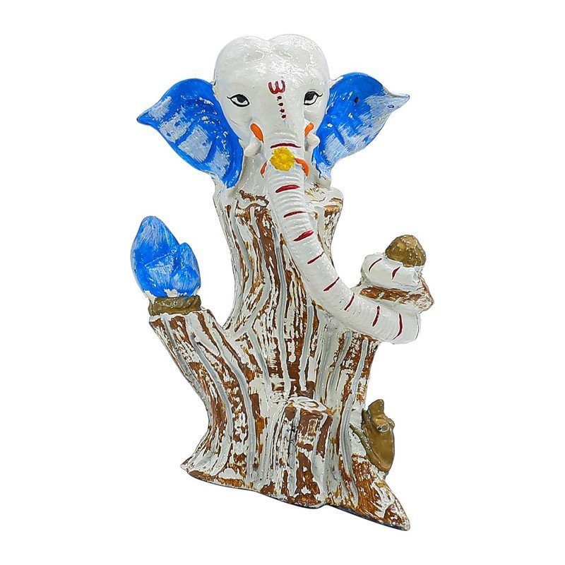 White & Blue Lord Ganesha Idol on Tree Log