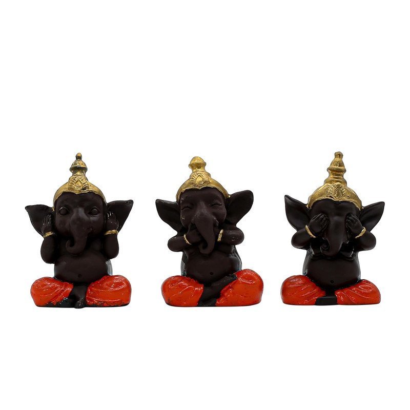 Set of 3 Polyresin Wise Ganesha Figurines with Gold Crown
