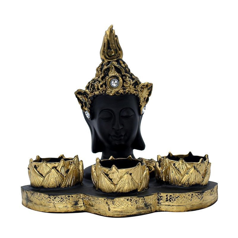 Resin Buddha Head Tealight Candle Holder with 3 Lotus Votive Stands