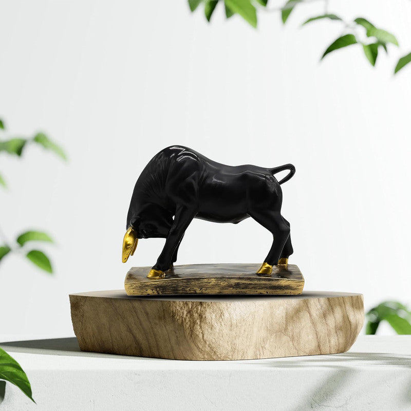 Black Bull Statue with Golden Accents - Decorative Figurine for Home and Office