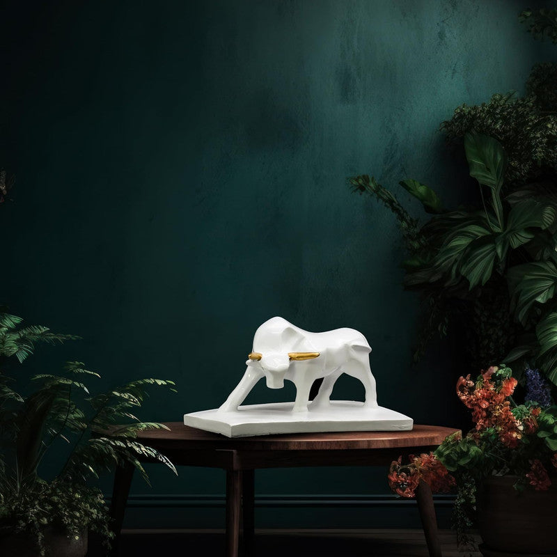 White Bull Statue with Golden Accents - Decorative Figurine for Home and Office