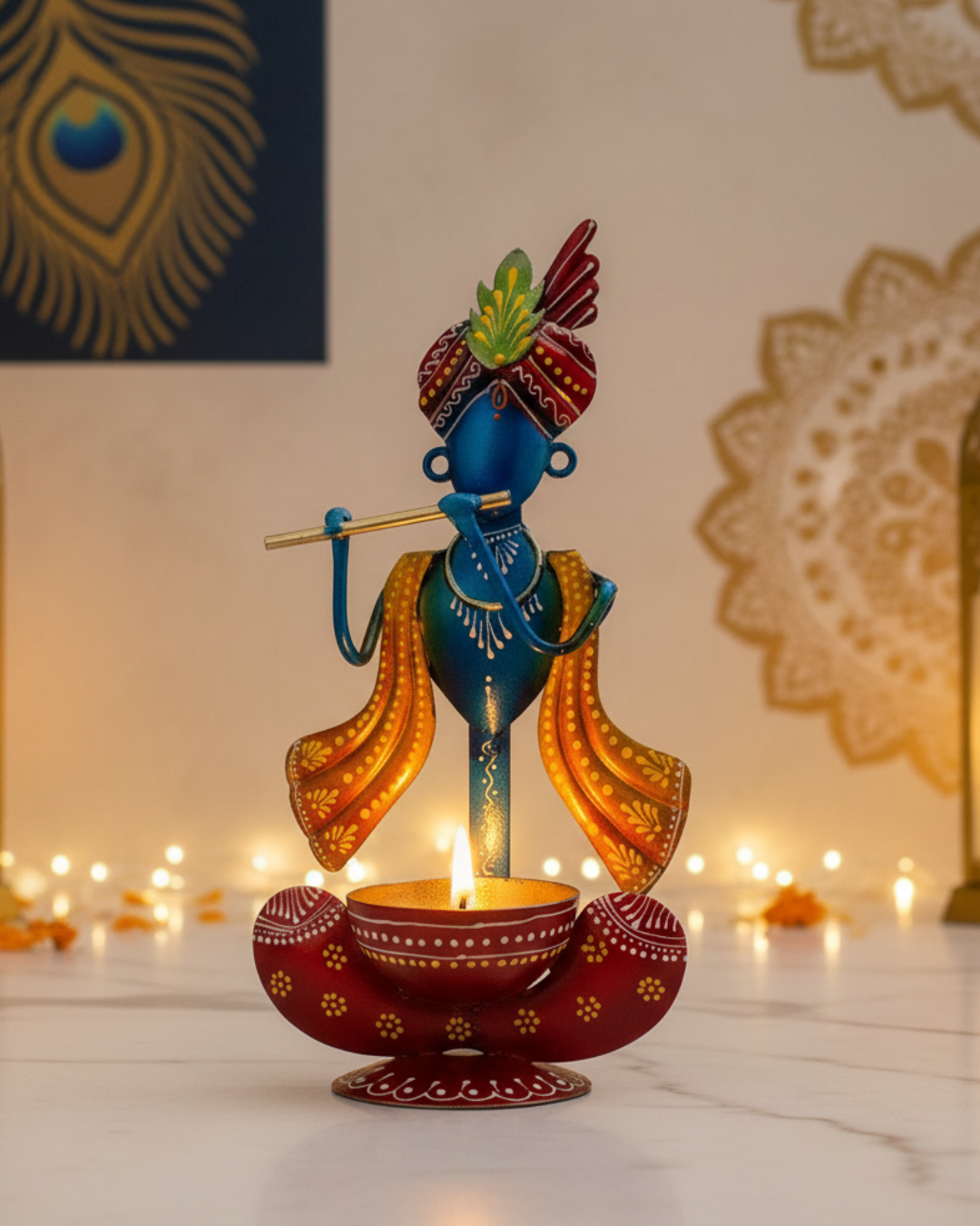 Handcrafted Metal Krishna Showpiece Tea Light Holder – Decorative Candle/Diya Stand