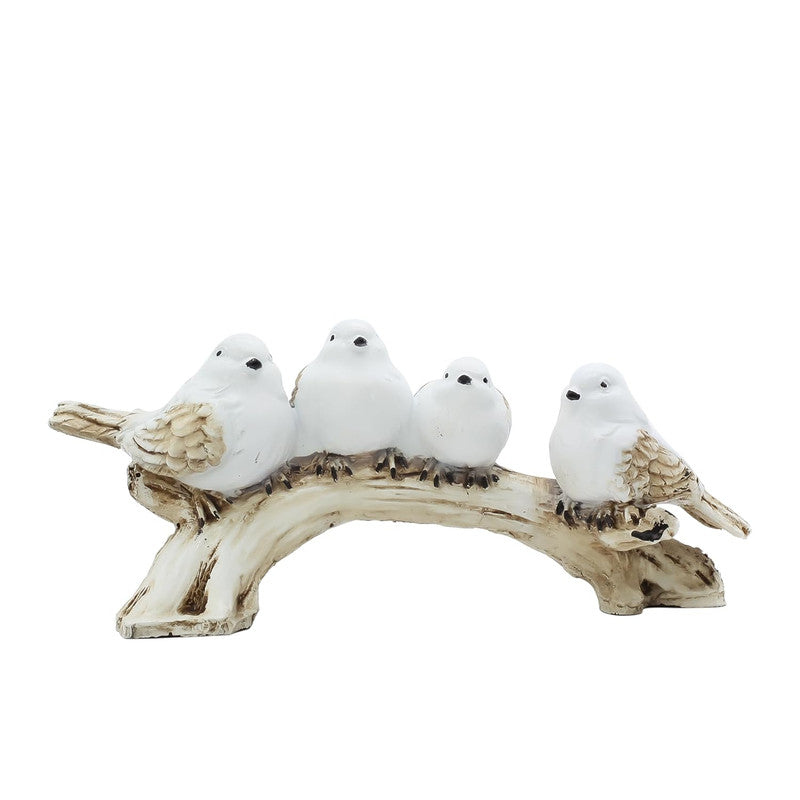 White Resin Love Birds on Tree Branch - Set of 4 Bird Statues for Tabletop & Shelf Decor