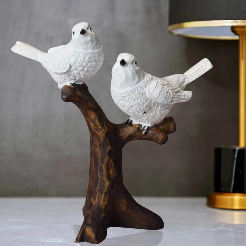 White Resin Birds Perched on Branch Sculpture - Nature Lover Gift, Shelf Decor