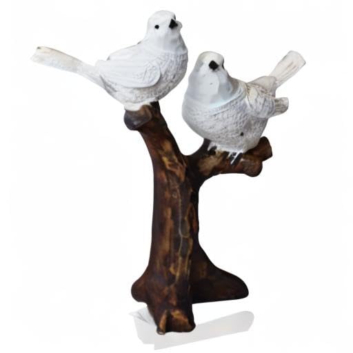 White Resin Birds Perched on Branch Sculpture - Nature Lover Gift, Shelf Decor