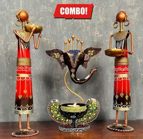 Handcrafted Ganesha T-Light Combo with Tribal Lady Figurines | Set of 3