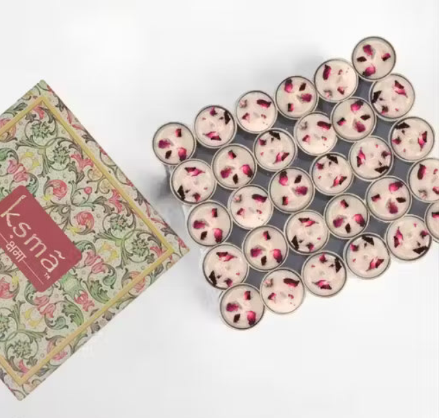 Rose Scented Tea-Light Candles with Real Rose Leaf – Set of 30