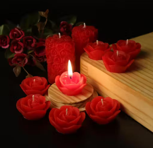 Set of 10 Red Rose Scented Candles | Pure Soy Wax Pillar & Floating Rose Candles