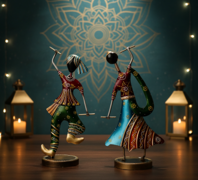 Handcrafted Dandiya Couple Metal Showpiece