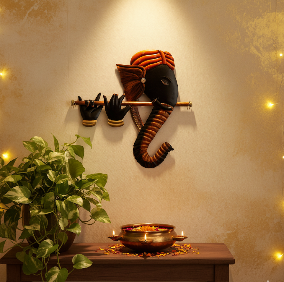 Handmade Iron Ganesh Wall Hanging Playing Flute