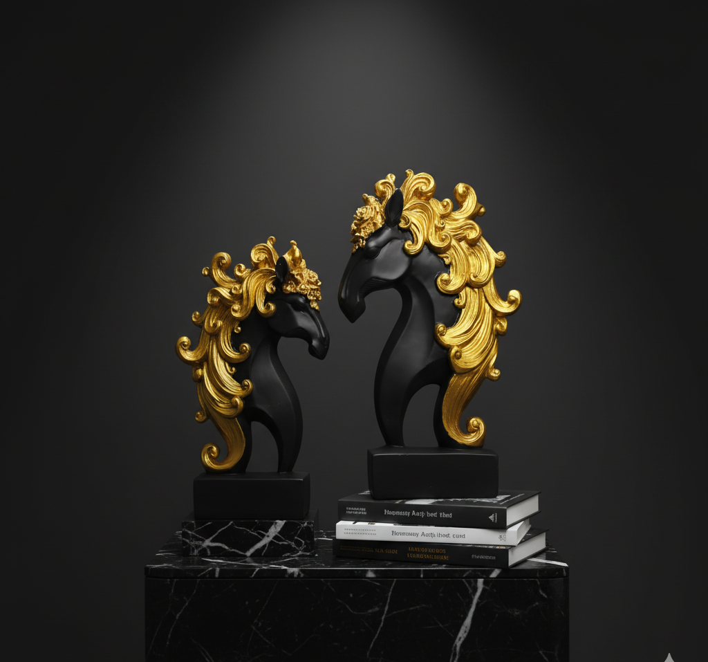 Elegant Black and Gold Horse Statues - Majestic Decorative Accents for Home and Office