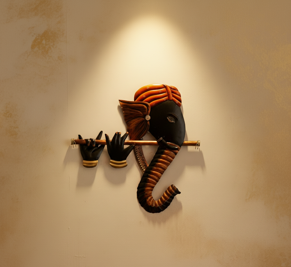 Handmade Iron Ganesh Wall Hanging Playing Flute