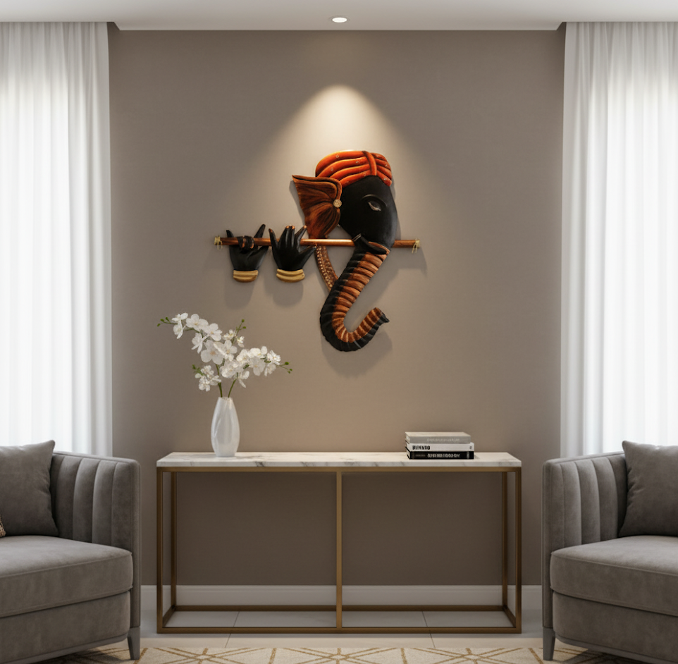 Handmade Iron Ganesh Wall Hanging Playing Flute
