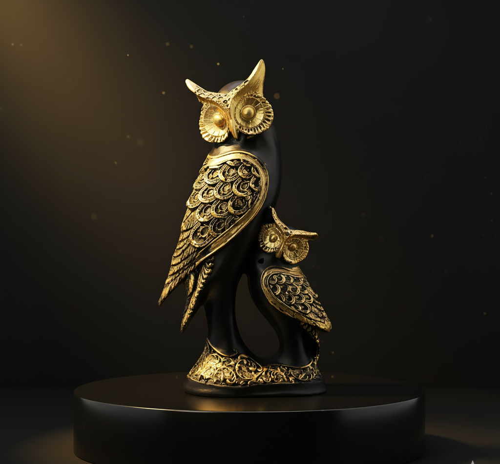 Black & Gold Owl Sculpture - Elegant Home & Office Decor