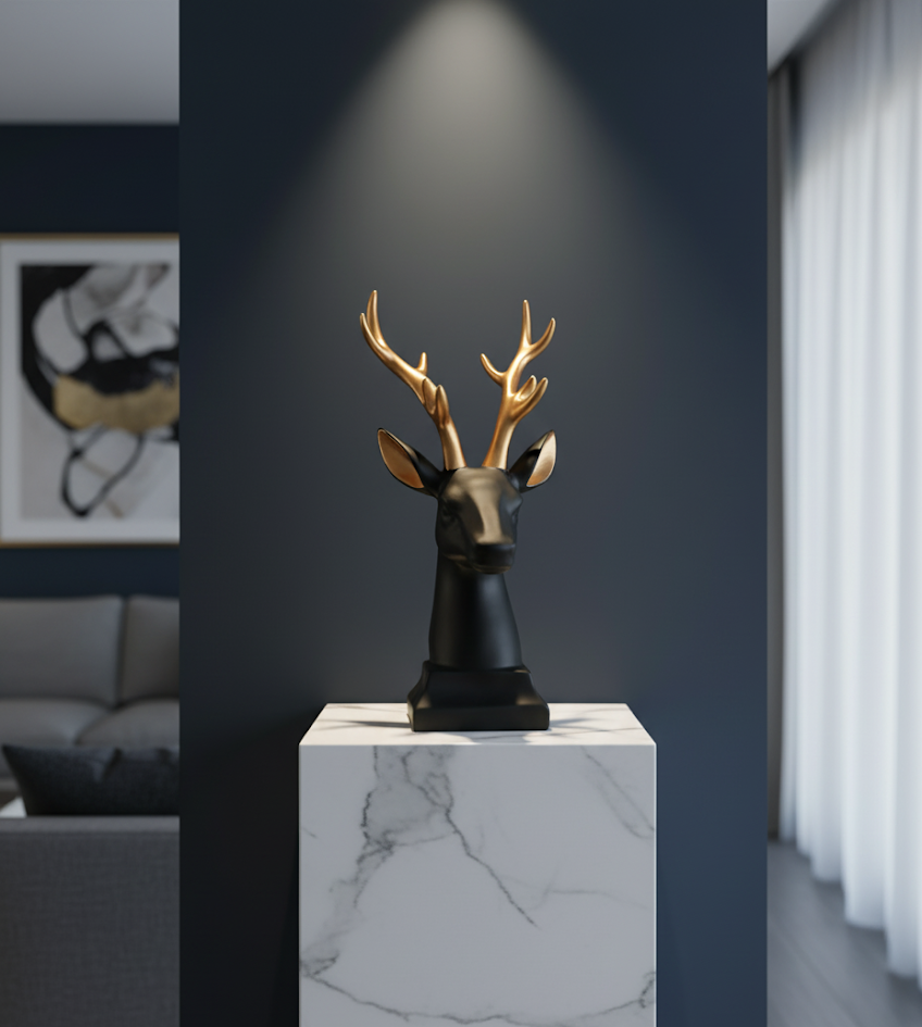 Elegant Black Deer Head with Gold Antlers - Contemporary Wall Hanging Sculpture