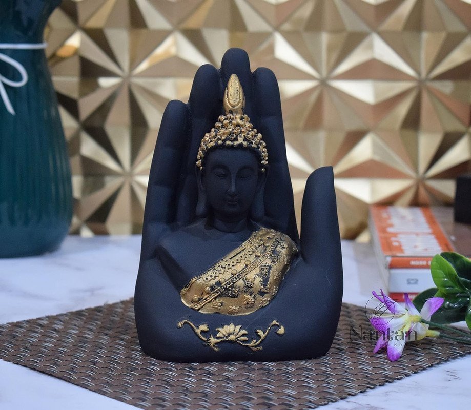 Hand-Crafted Buddha Hand Mudra Statue, Black & Gold Resin Ornament, Ideal for Home Decor, Desk, Prayer Altar & Spiritual Gift