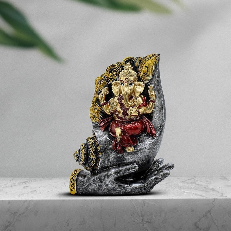 Ganesha Sitting on Conch Shell Statue - Black and Red - Metal/Stone - Home/Office Decor - Auspicious Gift