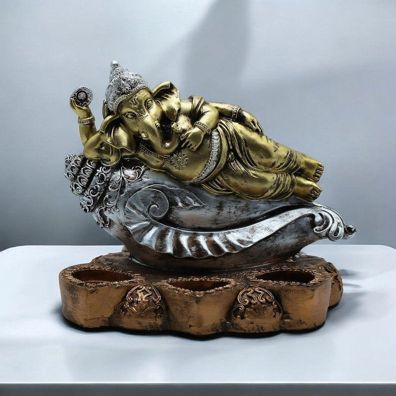Gold & Silver Ganesha Statue on Conch Shell - Hindu God Decorative Figurine for Home & Office