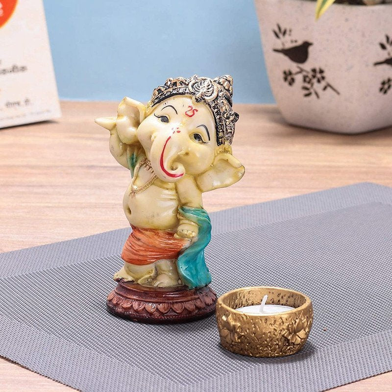 Ganesha Statue with Riddhi Siddhi - Brass, Golden Finish, 3 Inches, Symbol of Good Fortune & Prosperity for Hindu Homes